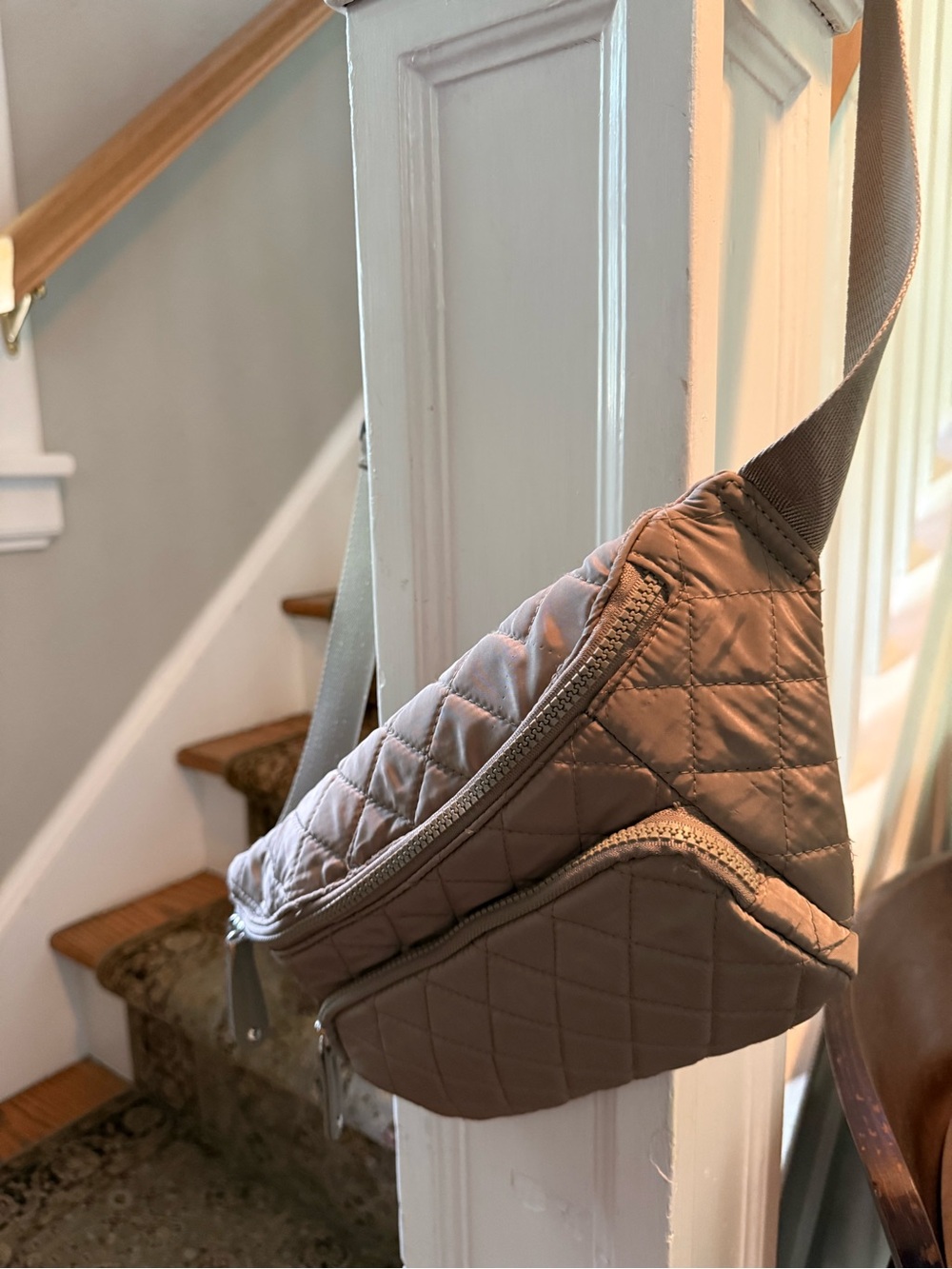 Quilted Taupe Crossbody Sling Bag with Front Pocket